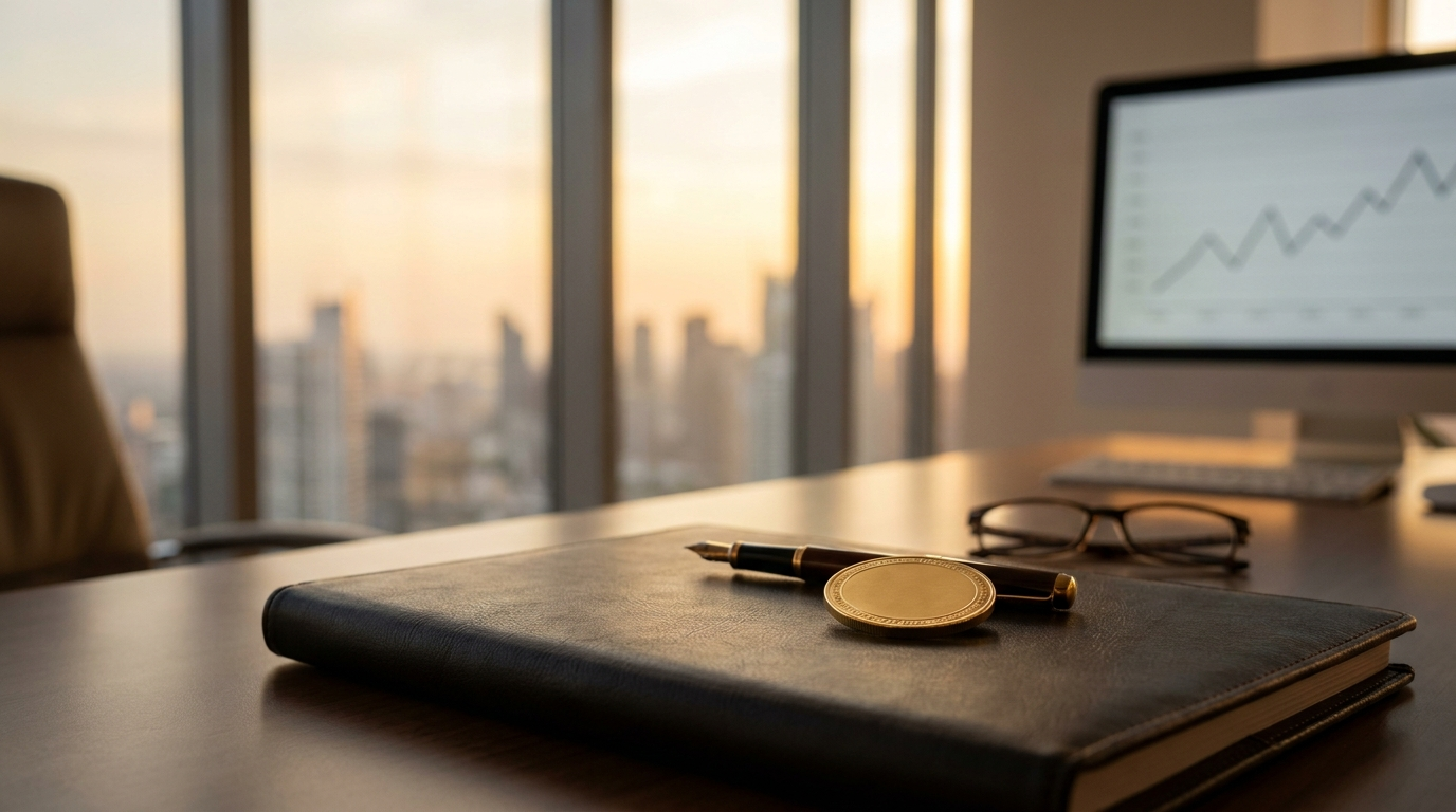 A crypto coin on a desk